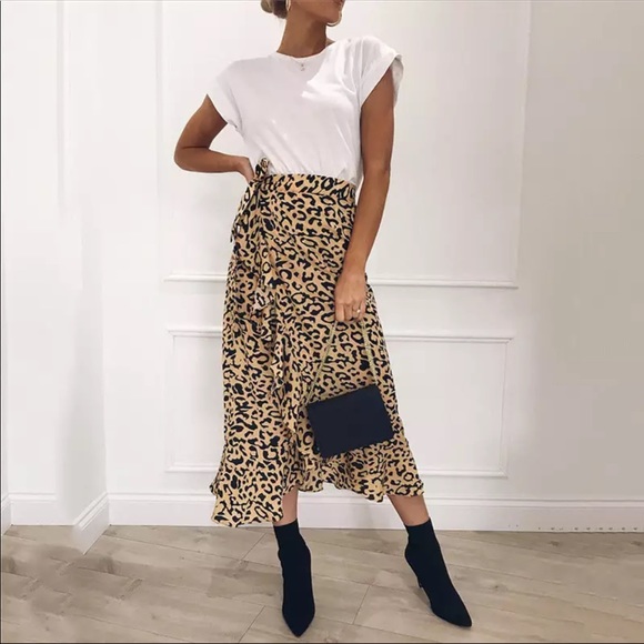 1 Left! Ruffle Faux Wrap Leopard Maxi Skirt Tie - Picture 2 of 7